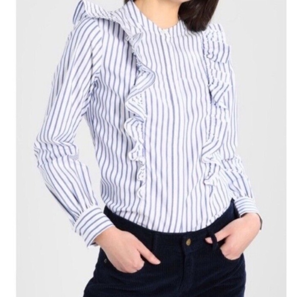 NEW Banana Republic Blue White‎ Stripe Ruffle Button Up Blouse Size 2 Nautical